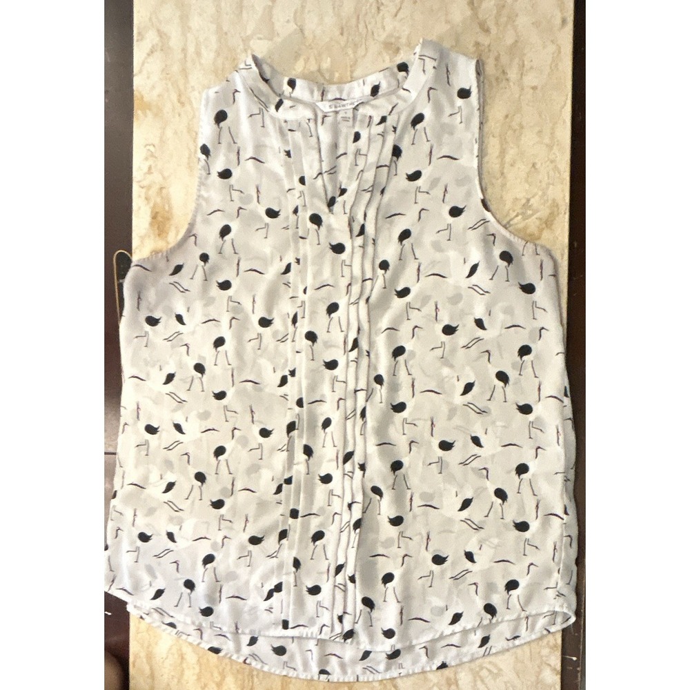 41 Hawthorn Women's M Pleated Sleeveless Bird Print Woven Polyester Blouse